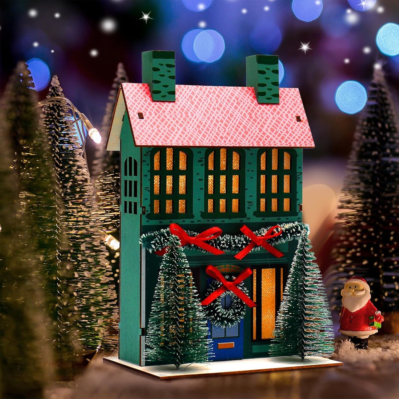 Christmas Village Set Indoor Light up Christmas Village Decoration, Christmas Table Decor, Collectible Wooden Christmas Village Building Decorations Christmas Town